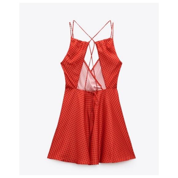 ZARA Polka Dot Red Open Crossover Back Mini Cocktail Satin Dress Preppy Summer - Picture 4 of 16
